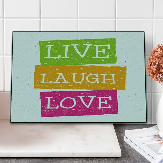 Live Laugh Love Cutting Board, Lifestyle Message in Vibrant Tones Joyful Life Philosophy Wise Words Design, Decorative Tempered Glass Cutting and Serving Board, Large Size, Multicolor, by Ambesonne