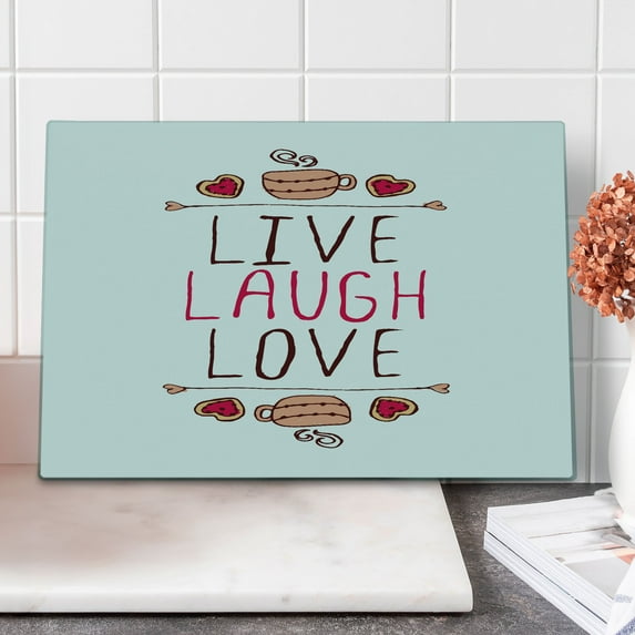 Live Laugh Love Cutting Board, Valentine's Day Theme Typographic Banner Heart Shaped Cookies and Tea Cup, Decorative Tempered Glass Cutting and Serving Board, Large Size, Multicolor, by Ambesonne