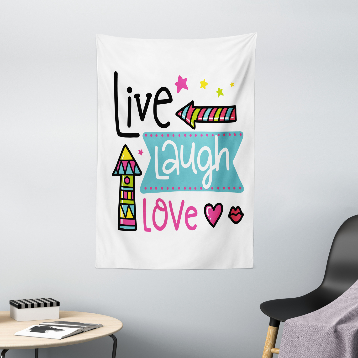 Live Laugh Love Decor Tapestry, Lively Colors Cartoon Arrows with