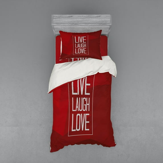 Live Laugh Love Duvet Cover Set, Abstract Triangle Polygon Background with a Words in Rectangular, Bedding Set with Shams and Fitted Sheet, 3 Sizes, by Ambesonne