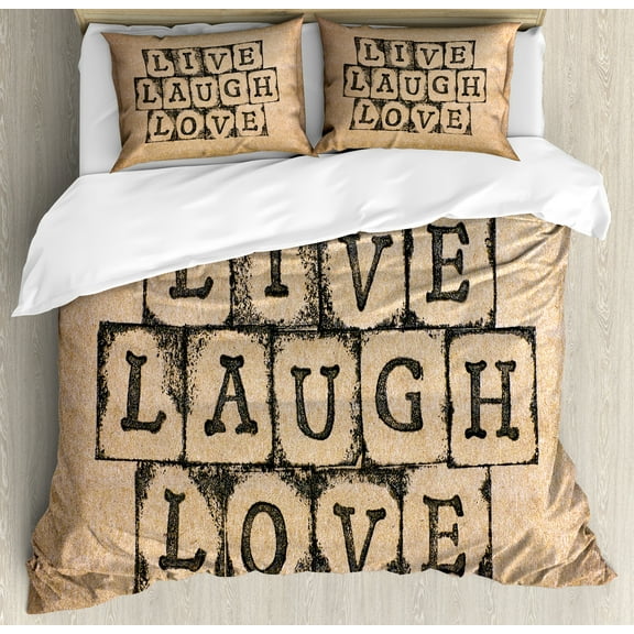 Live Laugh Love Duvet Cover Set, Black Alphabet Stamps on Aged Grungy Looking Backdrop Vintage Print, Decorative 3 Piece Bedding Set with 2 Pillow Shams, Calking Size, Black Pale Brown, by Ambesonne