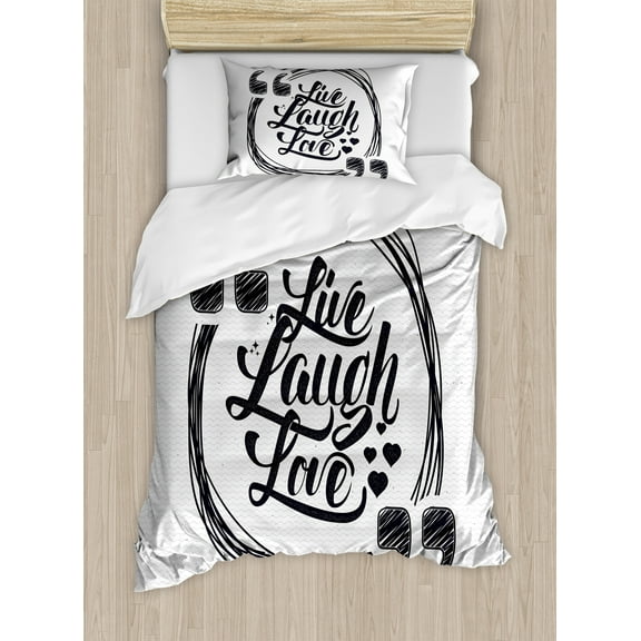 Live Laugh Love Duvet Cover Set, Grunge Modern Lifestyle Phrase Happiness Themed Design, Decorative 2 Piece Bedding Set with 1 Pillow Shams, Twin Size, Pearl and Dark Grey, by Ambesonne