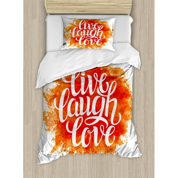 Live Laugh Love Duvet Cover Set, Hand Drawn Style Cheerful Brushstroke Background Motivation Phrase Print, Decorative 2 Piece Bedding Set with 1 Pillow Shams, Twin Size, Orange White, by Ambesonne