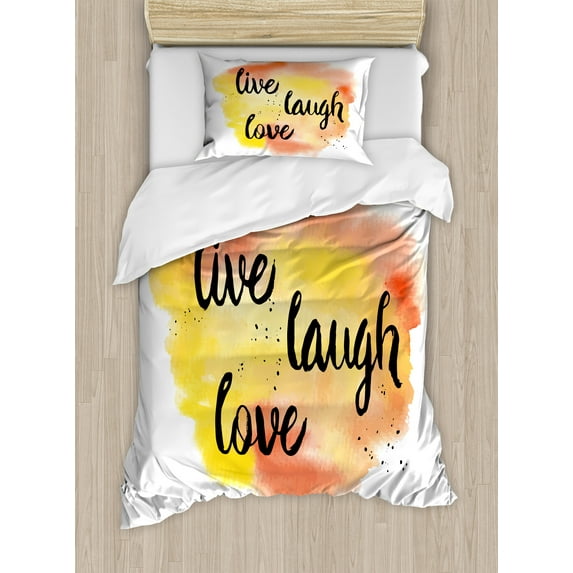 Live Laugh Love Duvet Cover Set, Ink Painted Style Lettering on Soft Watercolors Inspiration Art, Decorative 2 Piece Bedding Set with 1 Pillow Shams, Twin Size, Yellow Coral Black, by Ambesonne