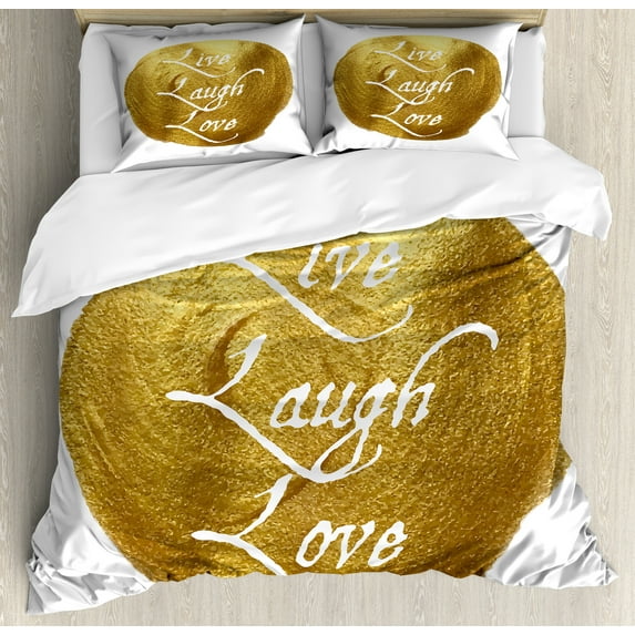 Live Laugh Love Duvet Cover Set, Inspirational Words Life Message on a Big Color Spot Modern Design, Decorative 3 Piece Bedding Set with 2 Pillow Shams, King Size, Pale Coffee Yellow, by Ambesonne