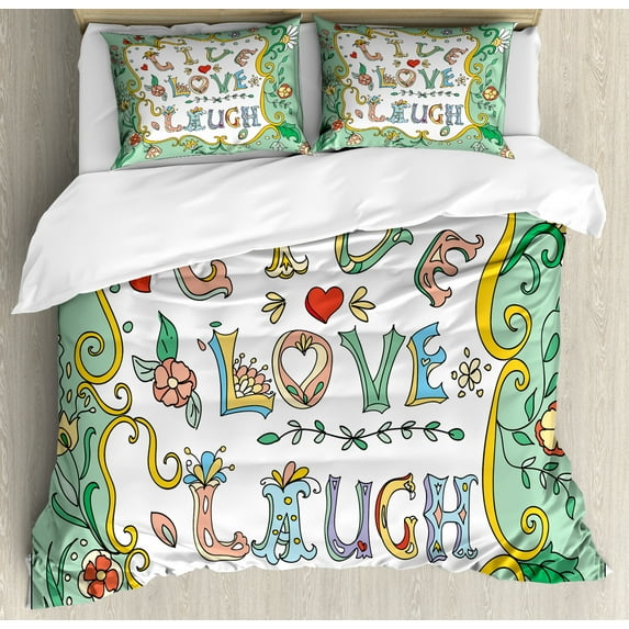 Live Laugh Love Duvet Cover Set King Size, Ornate Doodle Wreath Inspiring Quote with Flowers Springtime Petals Print, Decorative 3 Piece Bedding Set with 2 Pillow Shams, Multicolor, by Ambesonne