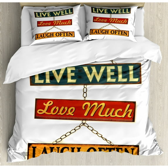 Live Laugh Love Duvet Cover Set King Size, Live Well Love Much Laugh Often Words Rusty Signs Tied with Chains Print, Decorative 3 Piece Bedding Set with 2 Pillow Shams, Multicolor, by Ambesonne