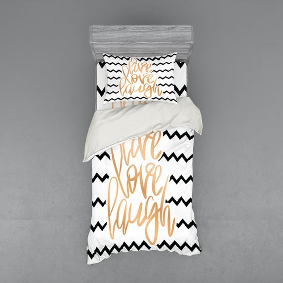 Live Laugh Love Duvet Cover Set, Motivational Calligraphic Artwork Zigzags Chevron Stripes, Bedding Set with Shams and Fitted Sheet, 3 Sizes, by Ambesonne