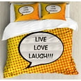 thumbnail image 1 of Live Laugh Love Duvet Cover Set Queen Size, Comicbook Style Speech Bubble with a Quote on Halftone Background, Decorative 3 Piece Bedding Set with 2 Pillow Shams, Orange Yellow Black, by Ambesonne, 1 of 3