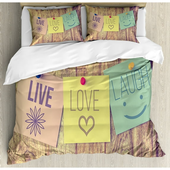 Live Laugh Love Duvet Cover Set Queen Size, Inspirational Wisdom Post-It Perks on Wooden Board Rustic Background Image, Decorative 3 Piece Bedding Set with 2 Pillow Shams, Multicolor, by Ambesonne