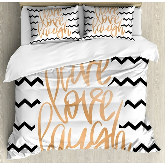 Live Laugh Love Duvet Cover Set Queen Size, Motivational Calligraphic Artwork with Zigzags Chevron Stripes, Decorative 3 Piece Bedding Set with 2 Pillow Shams, Black White and Peach, by Ambesonne