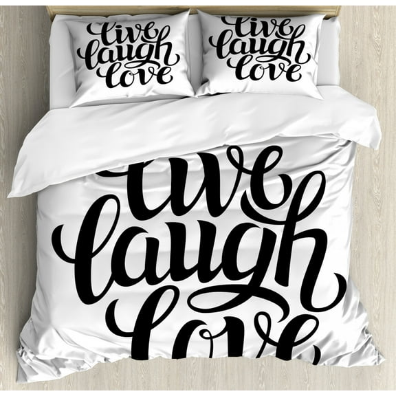 Live Laugh Love Duvet Cover Set Queen Size, Simplistic Inspiration Quote Minimalist Featured Typography Design, Decorative 3 Piece Bedding Set with 2 Pillow Shams, Black and White, by Ambesonne