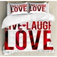 thumbnail image 1 of Live Laugh Love Duvet Cover Set Queen Size, Typographic Montage Words with Macro Rose Petals Texture Print, Decorative 3 Piece Bedding Set with 2 Pillow Shams, Red White and Black, by Ambesonne, 1 of 3