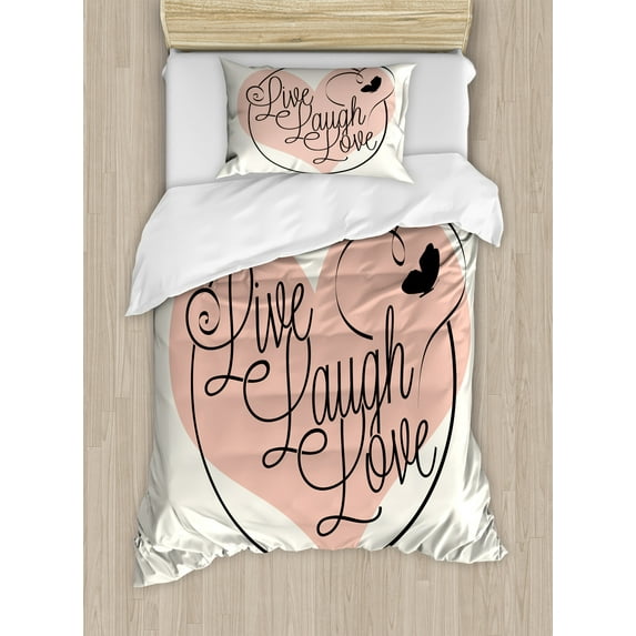 Live Laugh Love Duvet Cover Set, Romance Valentine's Day Theme Calligraphy Art Heart Butterfly, Decorative 2 Piece Bedding Set with 1 Pillow Shams, Twin Size, Pale Pink Black White, by Ambesonne