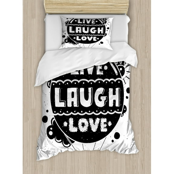 Live Laugh Love Duvet Cover Set Twin Size, Air Balloon Clouds Sun Cute Hipster Illustration Philosophy Motto, Decorative 2 Piece Bedding Set with 1 Pillow Sham, Black and White, by Ambesonne