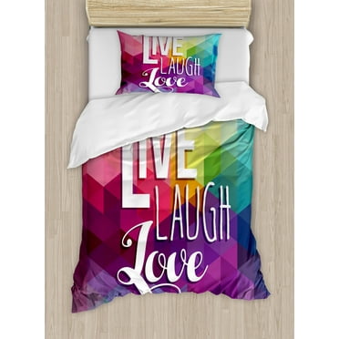 Live Laugh Love Duvet Cover Set Twin Size, Geometric Colorful Backdrop with Polygonal Mosaic Happiness Quote Words, Decorative 2 Piece Bedding Set with 1 Pillow Sham, Multicolor, by Ambesonne
