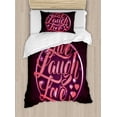thumbnail image 1 of Live Laugh Love Duvet Cover Set Twin Size, Hearts and Bokeh Background with Positive Drive Boosting Quote, Decorative 2 Piece Bedding Set with 1 Pillow Sham, Salmon Dark Purple Red, by Ambesonne, 1 of 3