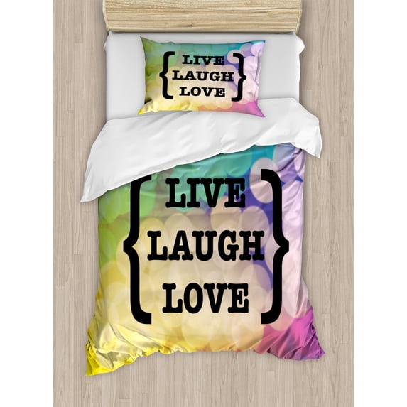 Live Laugh Love Duvet Cover Set Twin Size, Inspiring Wise Phrase in Parenthesis Colorful Out of Focus Dots Retro Style, Decorative 2 Piece Bedding Set with 1 Pillow Sham, Multicolor, by Ambesonne