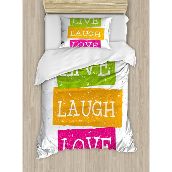 Live Laugh Love Duvet Cover Set Twin Size, Lifestyle Message in Vibrant Tones Joyful Life Philosophy Wise Words Design, Decorative 2 Piece Bedding Set with 1 Pillow Sham, Multicolor, by Ambesonne