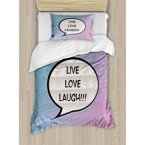 Live Laugh Love Duvet Cover Set Twin Size, Pop Art Comic Book Style Halftone Dots Backdrop Retro Speech Balloon Text, Decorative 2 Piece Bedding Set with 1 Pillow Sham, Multicolor, by Ambesonne