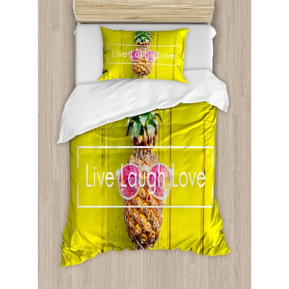 Live Laugh Love Duvet Cover Set Twin Size, Tropical Pineapple Fruit with Sunglasses on Yellow Wood Board Joyful Print, Decorative 2 Piece Bedding Set with 1 Pillow Sham, Multicolor, by Ambesonne