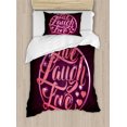 thumbnail image 1 of Live Laugh Love Duvet Cover Set, Vibrant Romantic Vintage Stamp Inspired Circle Popular Saying Print, Decorative 2 Piece Bedding Set with 1 Pillow Shams, Twin Size, Coral Plum White, by Ambesonne, 1 of 3