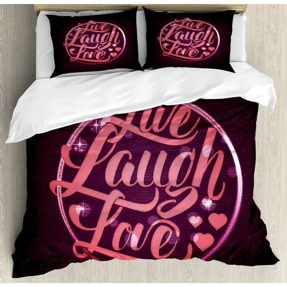 Live Laugh Love Duvet Cover Set, Vibrant Romantic Vintage Stamp Inspired Circle Popular Saying Print, Decorative 3 Piece Bedding Set with 2 Pillow Shams, Calking Size, Coral Plum White, by Ambesonne