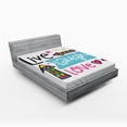 thumbnail image 1 of Live Laugh Love Fitted Sheet, Lively Colors Cartoon Arrows with Geometric Shapes Kiss Hearts Phrase Print, Soft Decorative Fabric Bedding, Full Size, Multicolor, by Ambesonne, 1 of 2