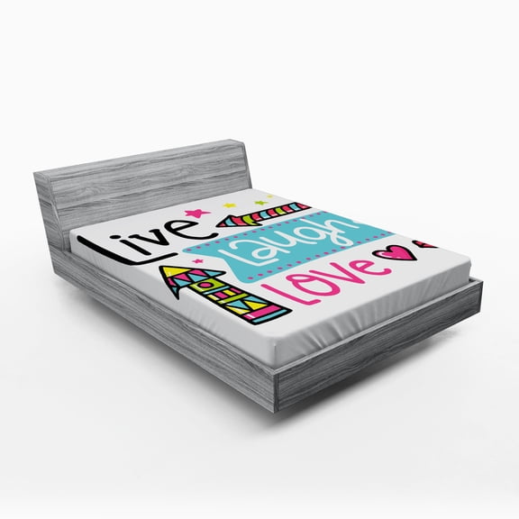 Live Laugh Love Fitted Sheet, Lively Colors Cartoon Arrows with Geometric Shapes Kiss Hearts Phrase Print, Soft Decorative Fabric Bedding, Queen Size, Multicolor, by Ambesonne