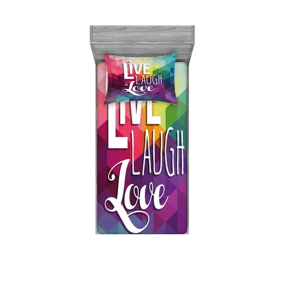 Live Laugh Love Fitted Sheet & Pillow Sham Set, Geometric Colorful Backdrop Polygonal Mosaic Happiness Words Typography, Decorative Printed 4 Piece Bedding Decor Set, Twinxl, Multicolor, by Ambesonne