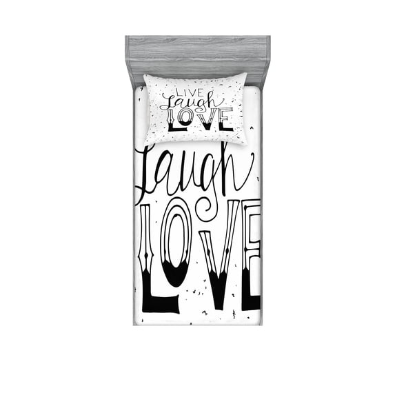 Live Laugh Love Fitted Sheet & Pillow Sham Set, Words Hand Drawn Style Typographical Design Positive Hipster, Decorative Printed 4 Piece Bedding Decor Set, Twinxl, Black and White, by Ambesonne