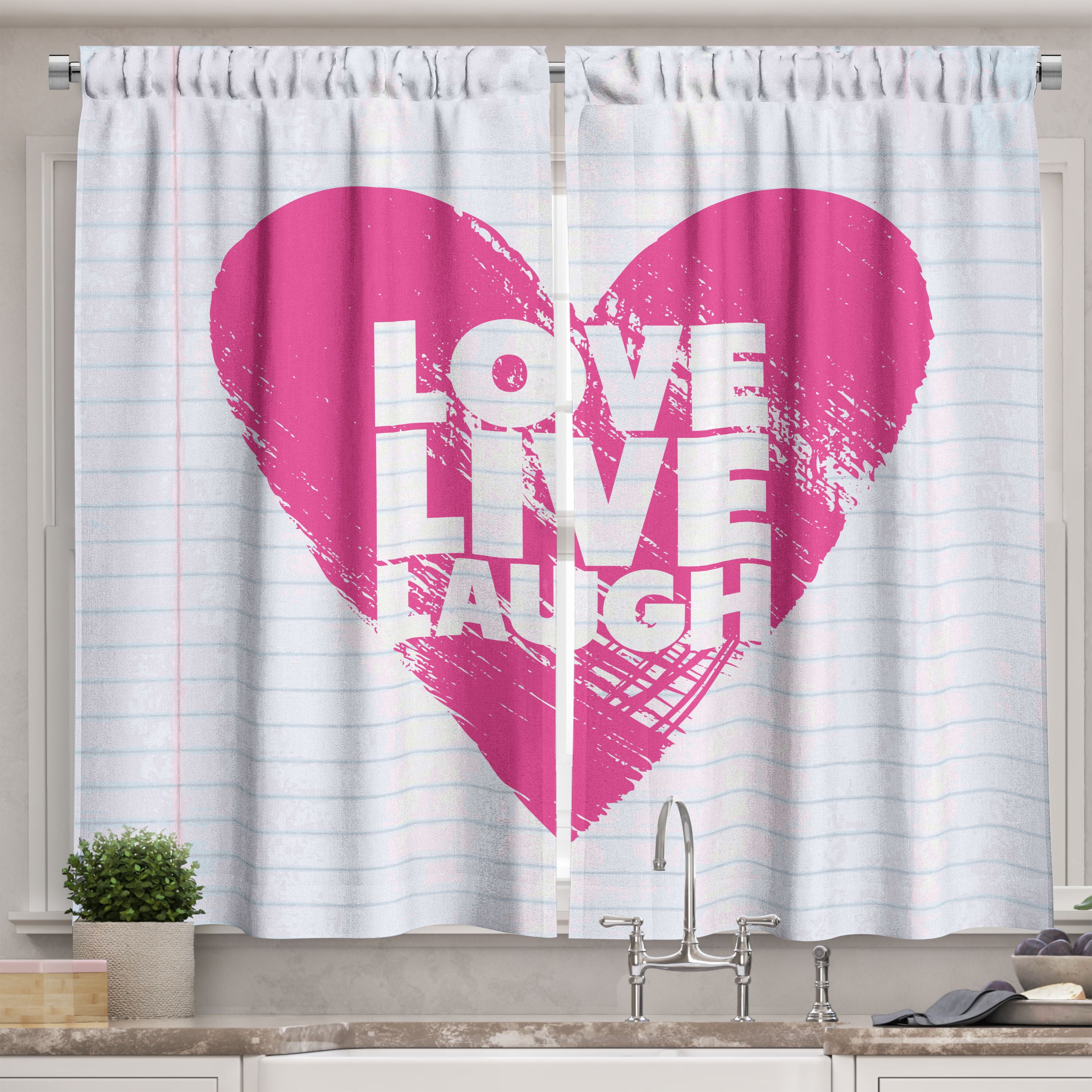 Live Laugh Love Kitchen Curtains, Notebook Style Backdrop with a Giant