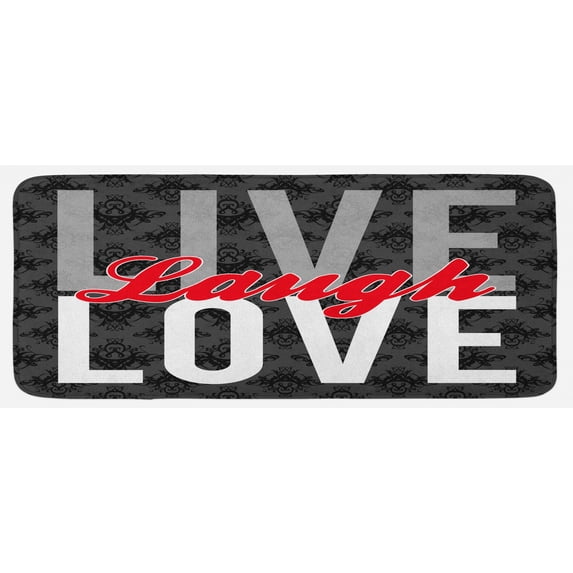Live Laugh Love Kitchen Mat, Different Typed Words of Wisdom Victorian Antique Damask Motifs Tile Print, Plush Decorative Kitchen Mat with Non Slip Backing, 47" X 19", Multicolor, by Ambesonne
