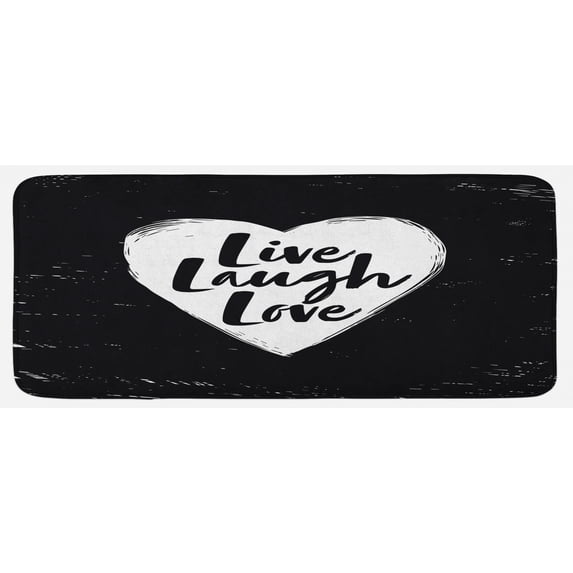 Live Laugh Love Kitchen Mat, Illustration of a Grunge Inspired Heart and a Words on Black Background, Plush Decorative Kitchen Mat with Non Slip Backing, 47" X 19", Black White, by Ambesonne