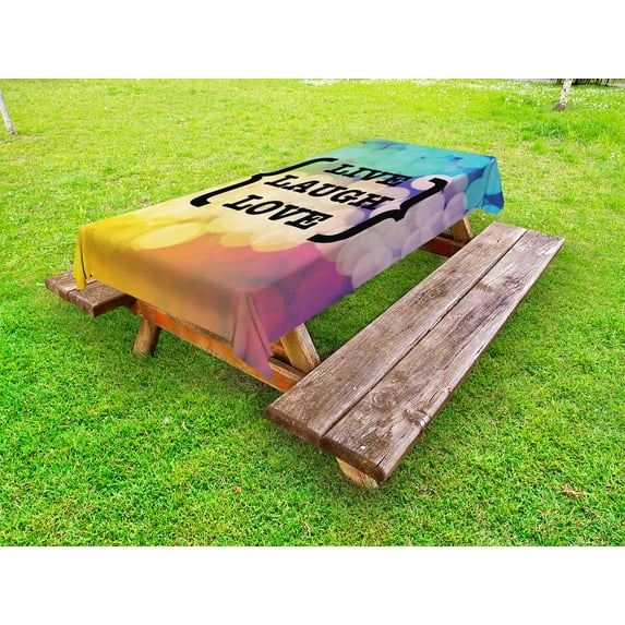 Live Laugh Love Outdoor Tablecloth, Inspiring Wise Phrase in Parenthesis Colorful Out of Focus Dots Retro Style, Decorative Washable Fabric Picnic Tablecloth, 58 X 104 Inches, Multicolor, by Ambesonne