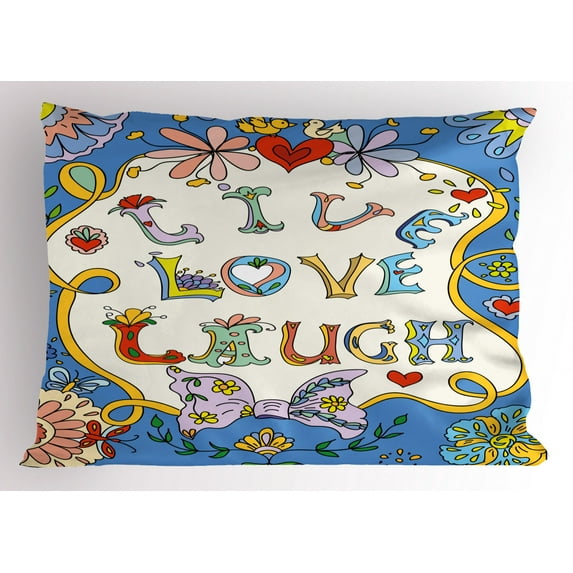 Live Laugh Love Pillow Sham Colorful Floral Fantasy Design in Frame Doodles Swirls Festive Romantic, Decorative Standard King Size Printed Pillowcase, 36 X 20 Inches, Multicolor, by Ambesonne