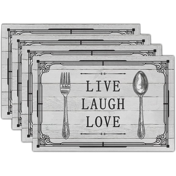 Live Laugh Love Placemats Set of 4 Knife Fork Spoon Vintage Style Decorative Linen Table Place Mat Washable Heat Resistant Non Slip for Dining Kitchen Party Holiday 12"x18"