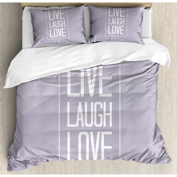 Live Laugh Love Queen Size Duvet Cover Set, Greyscale Polygonal Pattern Background with Rectangular Frame Quote, Decorative 3 Piece Bedding Set with 2 Pillow Shams, Pale Grey White, by Ambesonne