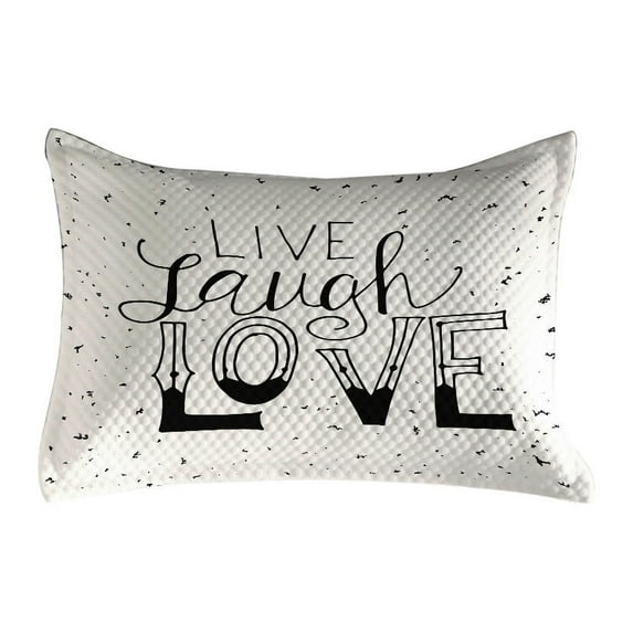 Live Laugh Love Quilted Pillowcover, Words Hand Drawn Style Typographical Design Positive Hipster, Standard King Size Accent Pillow Cover for Bedroom, 36" x 20", Black and White, by Ambesonne