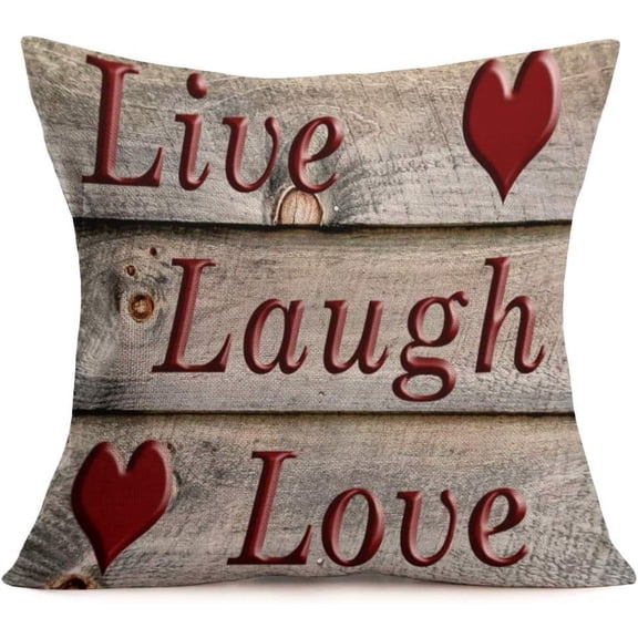 Live Laugh Love Quote Pillow Covers Vintage Cotton Linen Wood Grain Throw Pillowcase Heart Pattern Cushion Covers Square Decorative Outdoor Indoor Home 18x18 Inches (WQ 02)