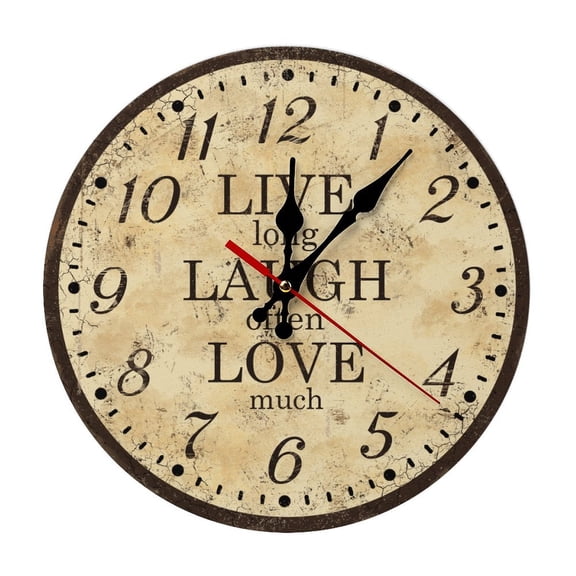 Live Laugh Love Retro (2) 5mm Thick Solid Wood Wall Clock, Quiet Quartz Movement Easy Install Hanging Clock