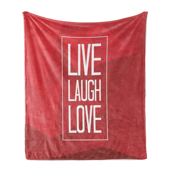 Live Laugh Love Soft Flannel Fleece Blanket, Abstract Triangle Polygon Background with a Words in Rectangular, Cozy Plush for Indoor and Outdoor Use, 70" x 90", Pale Grey Vermilion, by Ambesonne