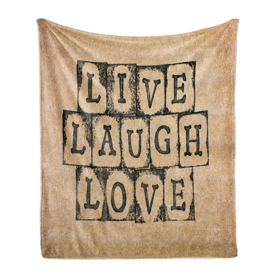 Live Laugh Love Soft Flannel Fleece Blanket, Black Alphabet Stamps on Aged Grungy Looking Backdrop Vintage Print, Cozy Plush for Indoor and Outdoor Use, 60" x 80", Black Pale Brown, by Ambesonne