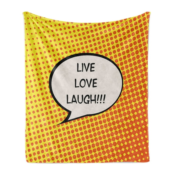 Live Laugh Love Soft Flannel Fleece Blanket, Comicbook Style Speech Bubble with a Words on Halftone Background, Cozy Plush for Indoor and Outdoor Use, 50" x 70", Orange Yellow Black, by Ambesonne