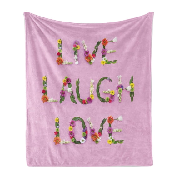 Live Laugh Love Soft Flannel Fleece Blanket, Floral Words Composition on an Abstract Pink Background Typographic Pattern, Cozy Plush for Indoor and Outdoor Use, 70" x 90", Multicolor, by Ambesonne