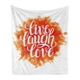 thumbnail image 1 of Live Laugh Love Soft Flannel Fleece Blanket, Hand Drawn Style Cheerful Brushstroke Background Motivation Phrase Print, Cozy Plush for Indoor and Outdoor Use, 70" x 90", Orange White, by Ambesonne, 1 of 5