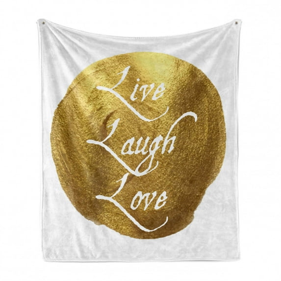 Live Laugh Love Soft Flannel Fleece Blanket, Inspirational Words Life Message on a Big Color Spot Modern Design, Cozy Plush for Indoor and Outdoor Use, 70" x 90", Pale Coffee Yellow, by Ambesonne