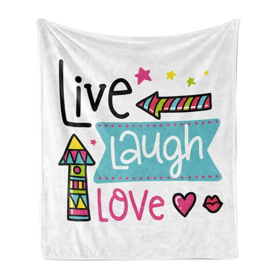 Live Laugh Love Soft Flannel Fleece Blanket, Lively Colors Cartoon Arrows with Geometric Shapes Kiss Hearts Phrase Print, Cozy Plush for Indoor and Outdoor Use, 50" x 70", Multicolor, by Ambesonne