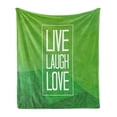 thumbnail image 1 of Live Laugh Love Soft Flannel Fleece Blanket, Triangular Polygon Background with Rectangle Frame with Motivation, Cozy Plush for Indoor and Outdoor Use, 70" x 90", Apple Green White, by Ambesonne, 1 of 5