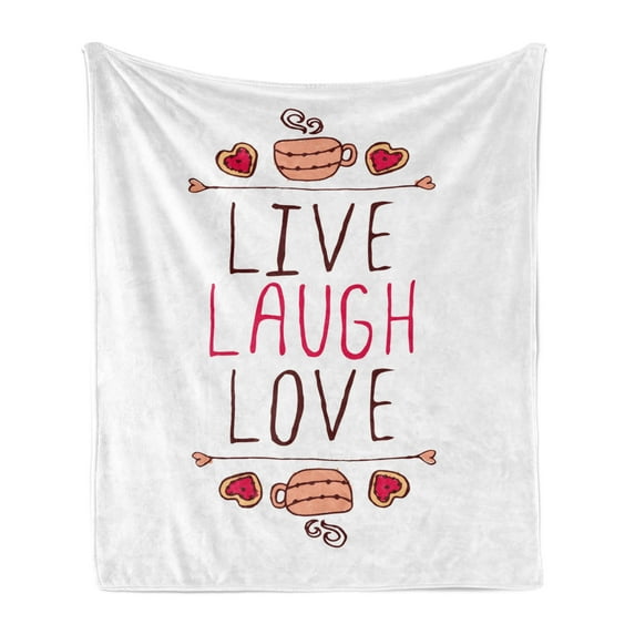 Live Laugh Love Soft Flannel Fleece Blanket, Valentine's Day Theme Typographic Banner Heart Shaped Cookies and Tea Cup, Cozy Plush for Indoor and Outdoor Use, 50" x 70", Multicolor, by Ambesonne